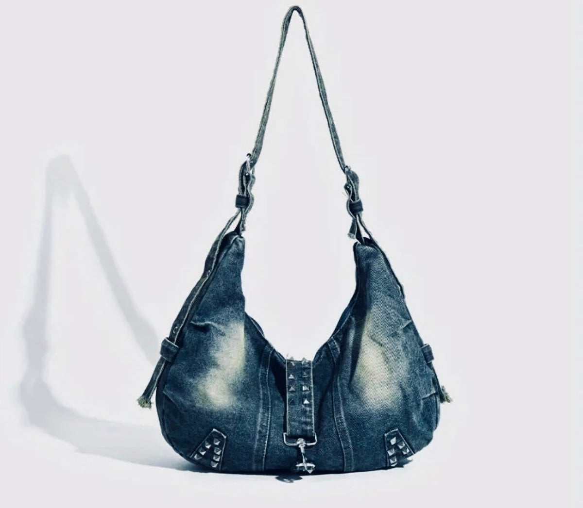 New -Chic -Vintage Style Distressed Denim Shoulder Bag w/Rivet Detail -Blue