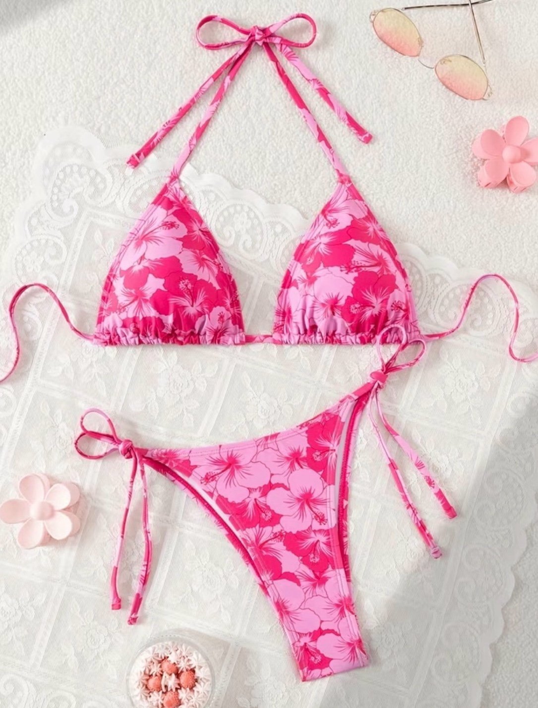 New -Retro Inspired -Floral Print Halter -Tie Back 2Pc Bikini Set -Pinks -Size L