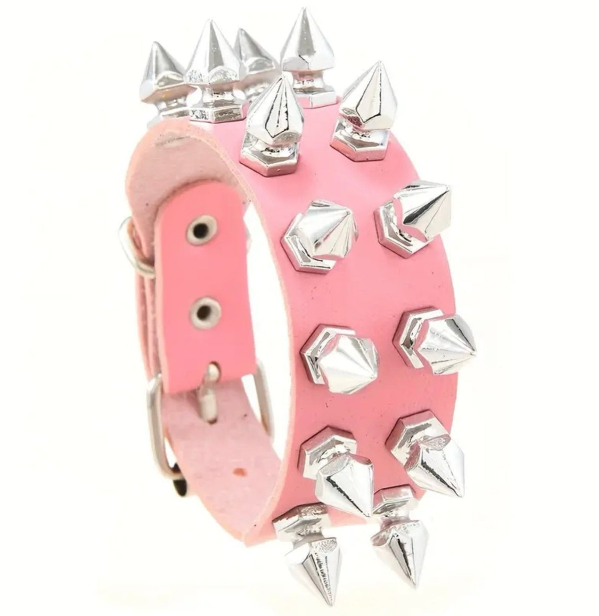 New - Fun ! - Pink Double Row Spike Design Faux Leather Studded Bracelet