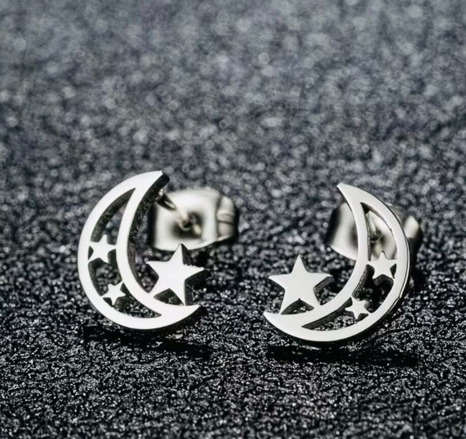 New -Sleek & Stylish -Boho Style -Stainless Steel -Moon & Star Stud Earrings