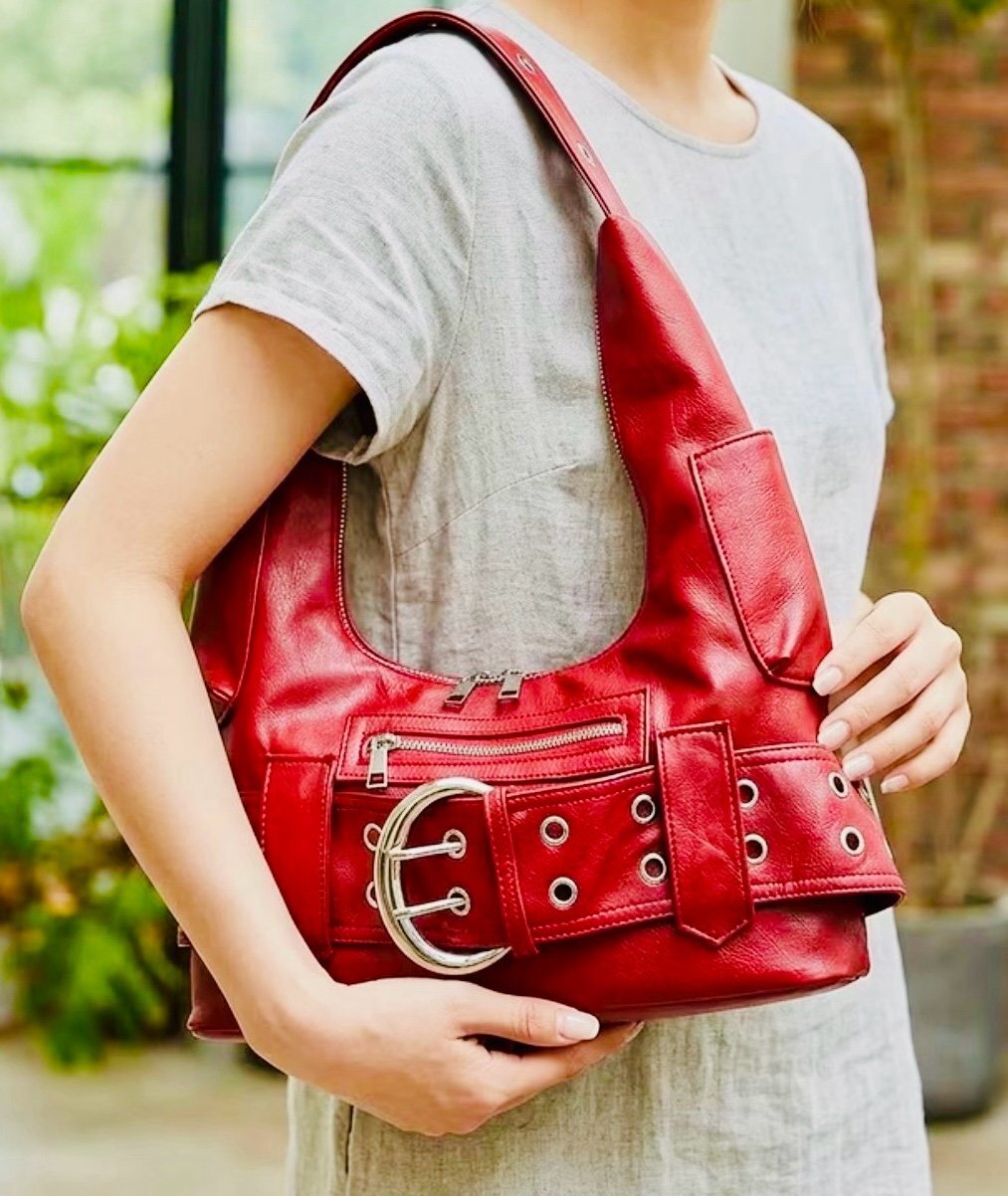 New -Sleek -Vintage Inspired -Moto Style -Faux Leather Shoulder Bag w/Big Buckle