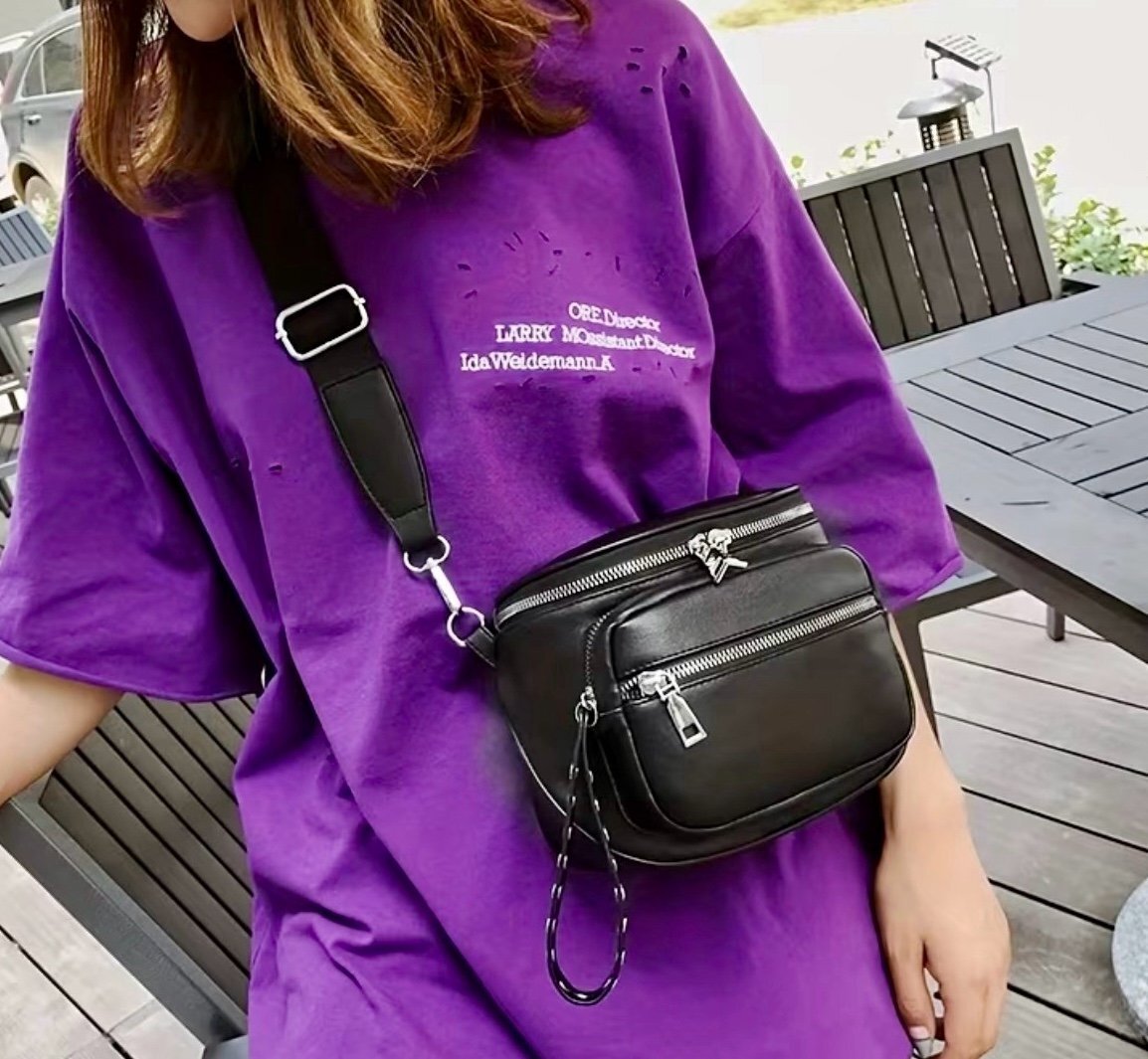 New -Sporty & Stylish Faux Leather Crossbody Bag with Adjustable Strap -Black