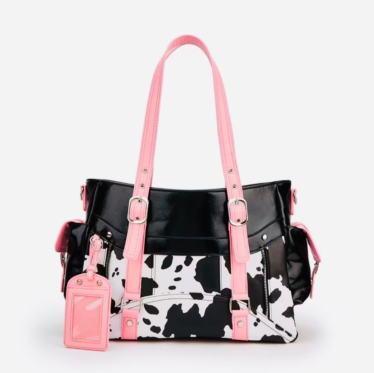 New -Gorgeous -Faux Leather Cow Print Design Shoulder Bag/Tote -Black/White/Pink