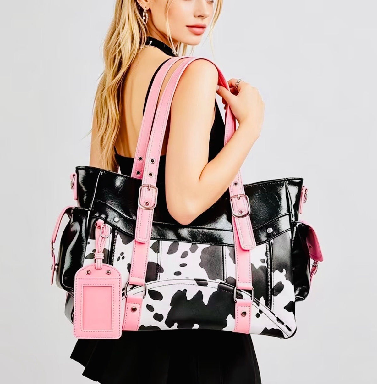 New -Gorgeous -Faux Leather Cow Print Design Shoulder Bag/Tote -Black/White/Pink