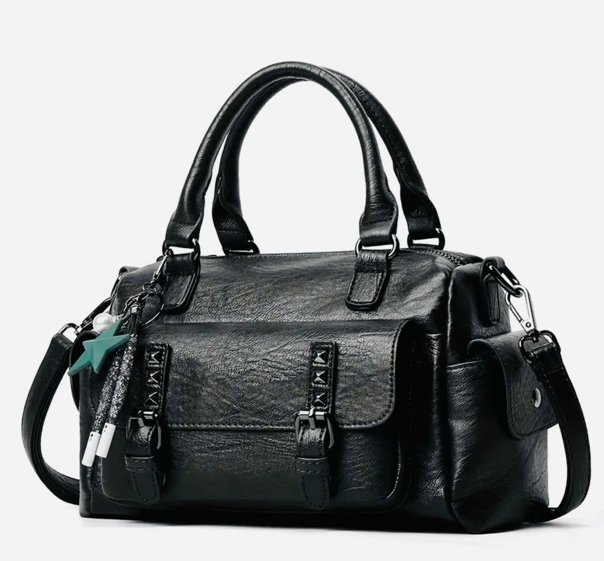 New - Chic - Vintage Inspired Faux Leather Satchel Style Shoulder Bag - Black
