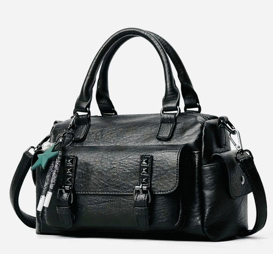 New - Chic - Vintage Inspired Faux Leather Satchel Style Shoulder Bag - Black