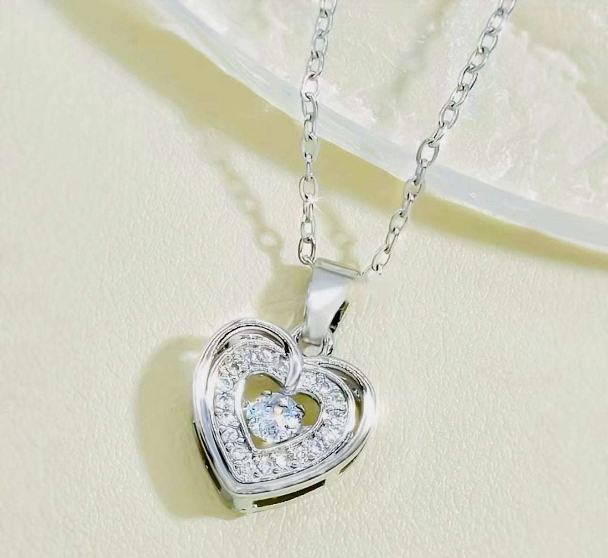 New -Beautiful -Stainless Steel -Double Layered Zirconia Heart Pendant Necklace