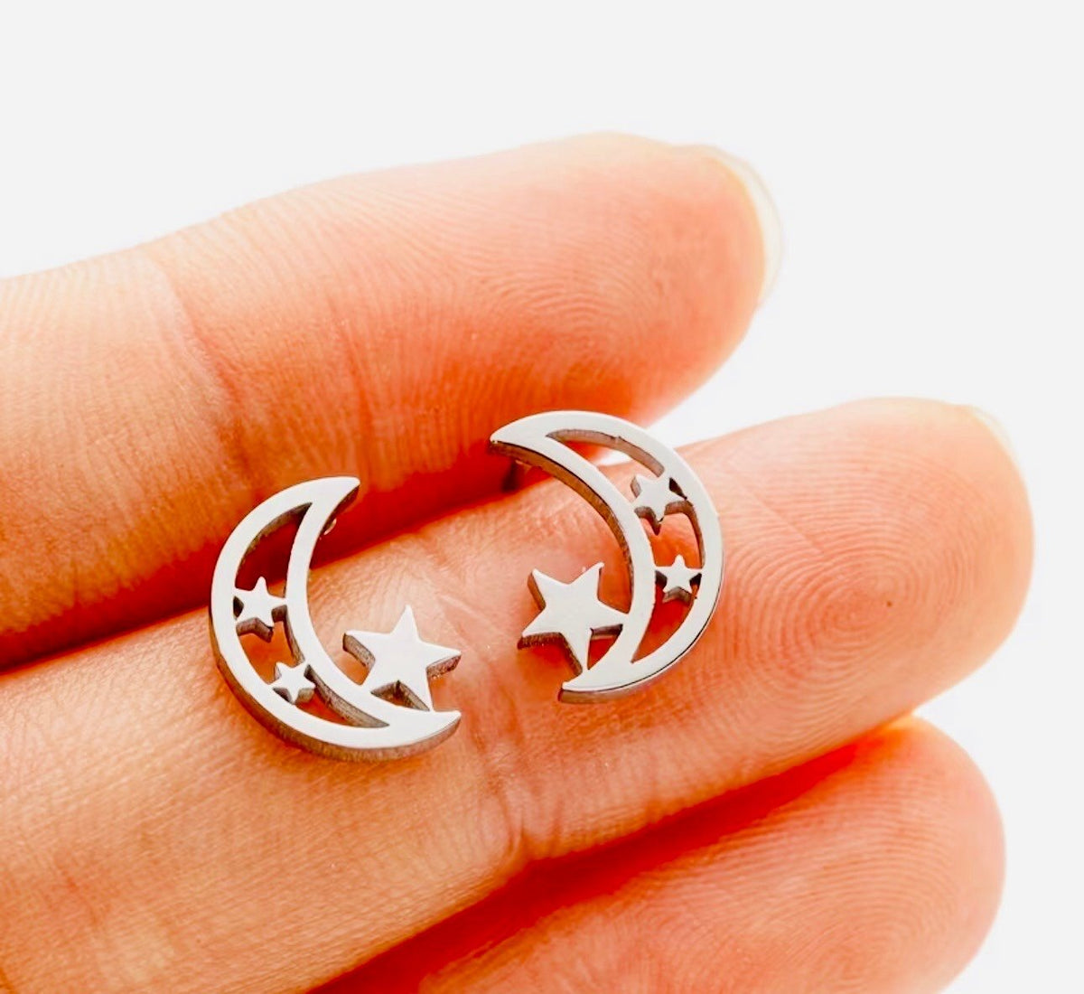 New   -Sleek & Stylish -Boho Style -Stainless Steel -Moon & Star Stud Earrings