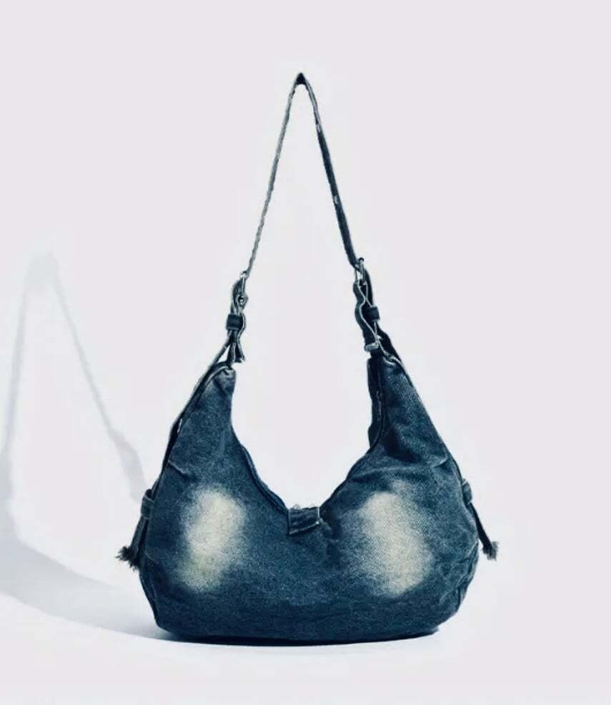 New -Chic -Vintage Style Distressed Denim Shoulder Bag w/Rivet Detail -Blue
