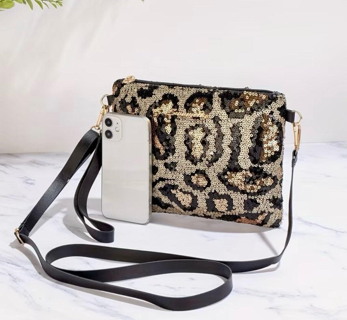 New -Gorgeous -Sequin Embellished Leopard Print Crossbody/Shoulder Bag