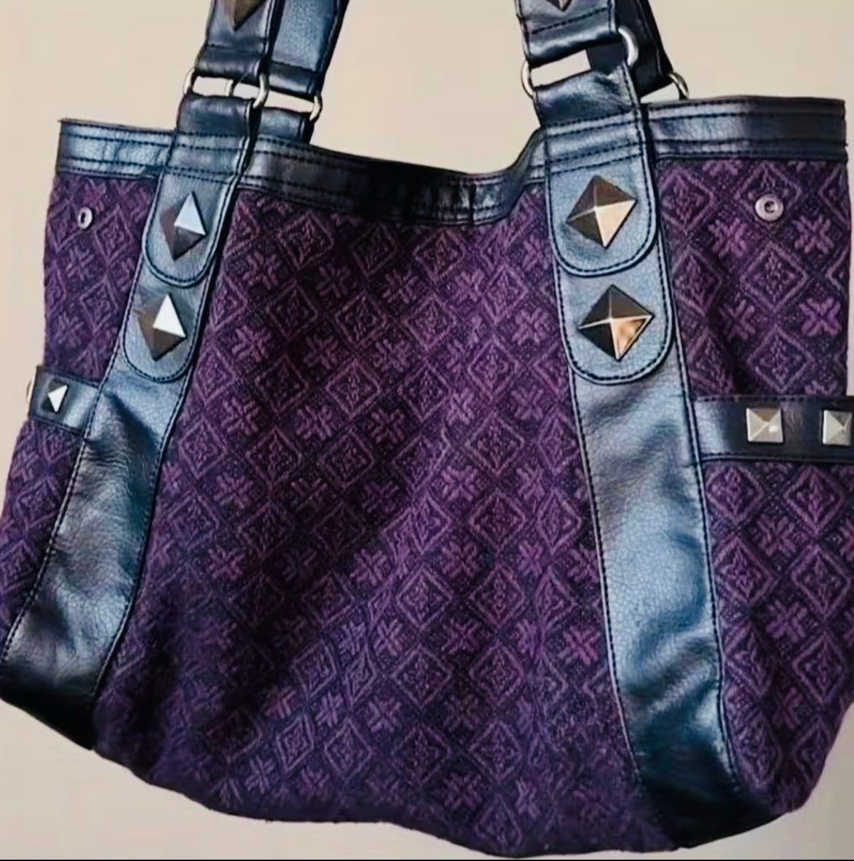 New - Vintage Style Hello Kitty Suede & Faux Leather Shoulder Bag/Tote -Blk/Prpl