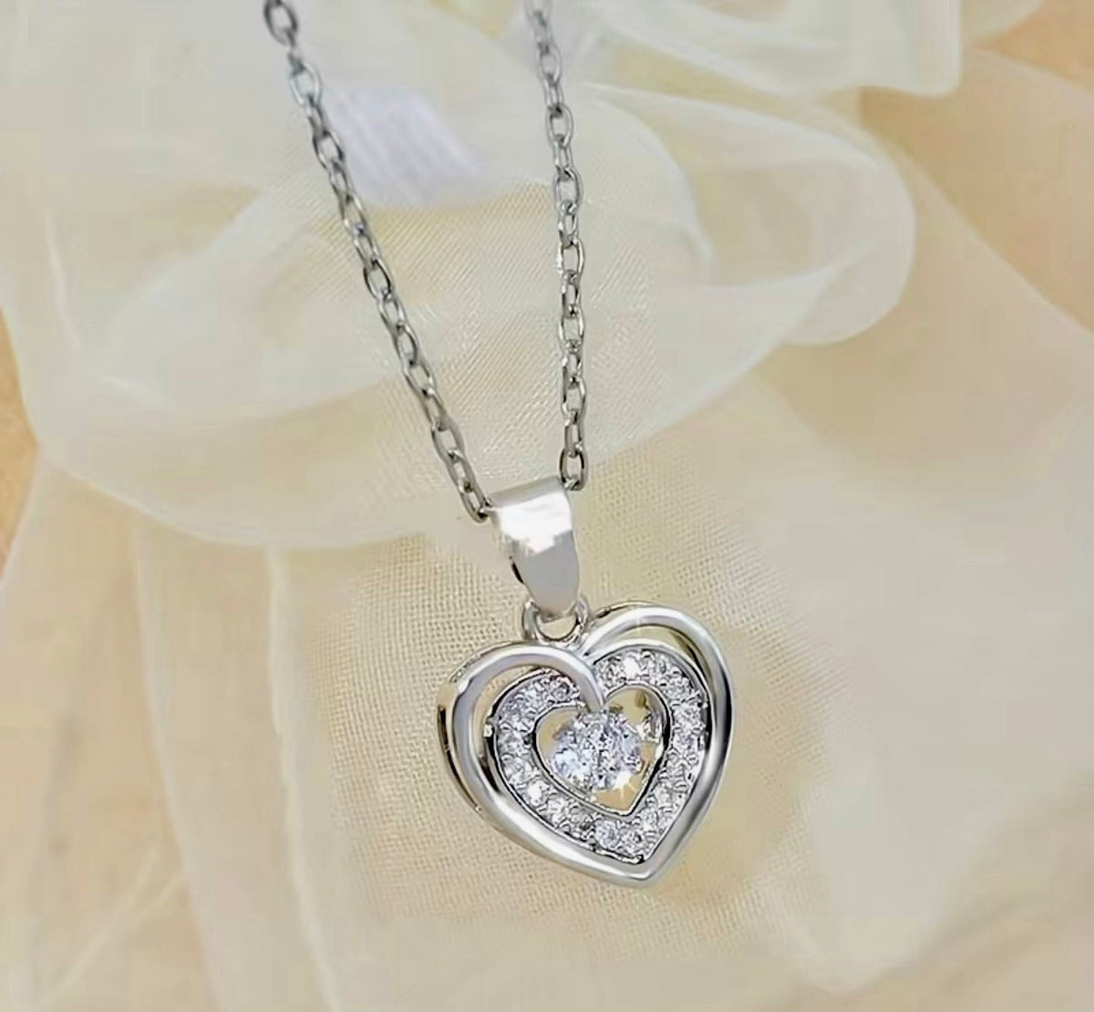 New -Beautiful -Stainless Steel -Double Layered Zirconia Heart Pendant Necklace