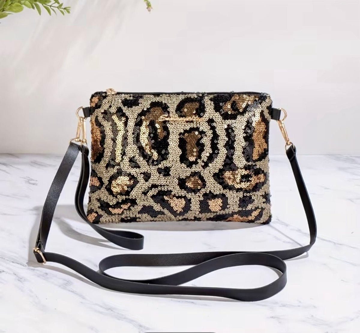 New -Gorgeous -Sequin Embellished Leopard Print Crossbody/Shoulder Bag