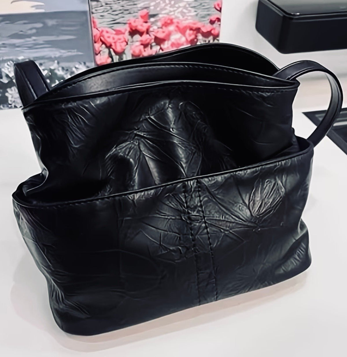 New -Super Cute -Vintage Inspired -Faux Leather Bucket Style Bag -Black