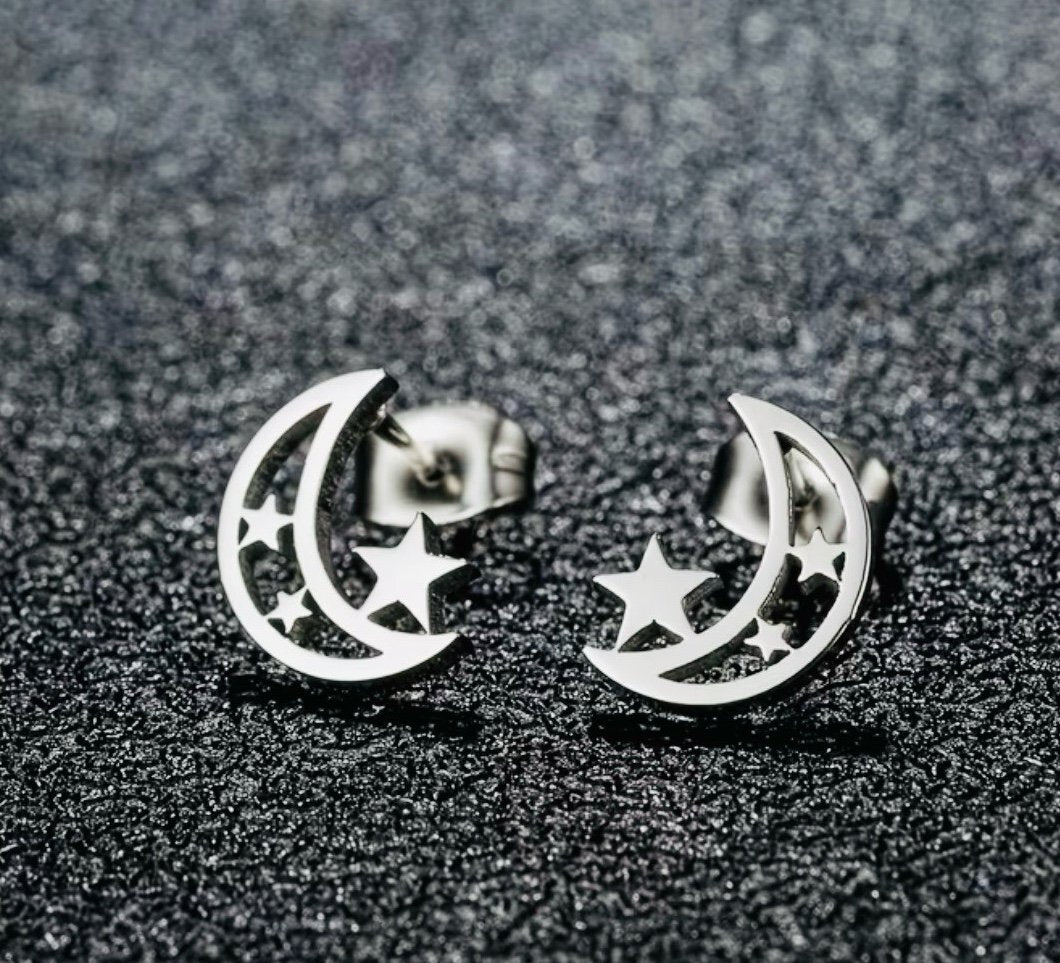 New   -Sleek & Stylish -Boho Style -Stainless Steel -Moon & Star Stud Earrings