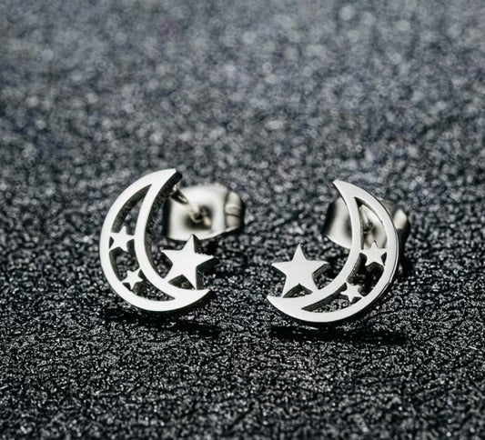 New   -Sleek & Stylish -Boho Style -Stainless Steel -Moon & Star Stud Earrings