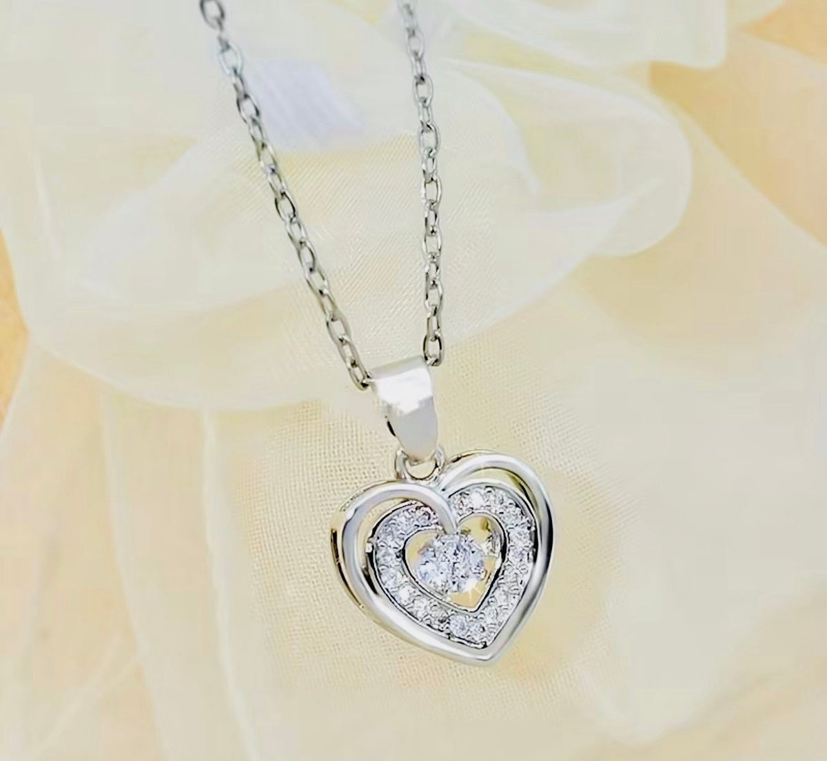 New -Beautiful -Stainless Steel -Double Layered Zirconia Heart Pendant Necklace
