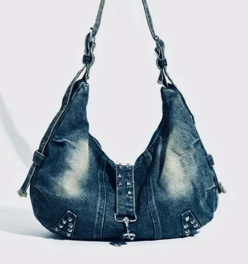 New -Chic -Vintage Style Distressed Denim Shoulder Bag w/Rivet Detail -Blue