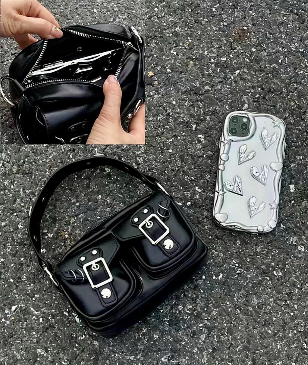 New -Chic -& a Lil Punk -Vintage Inspired Faux Leather Mini Bag -Black