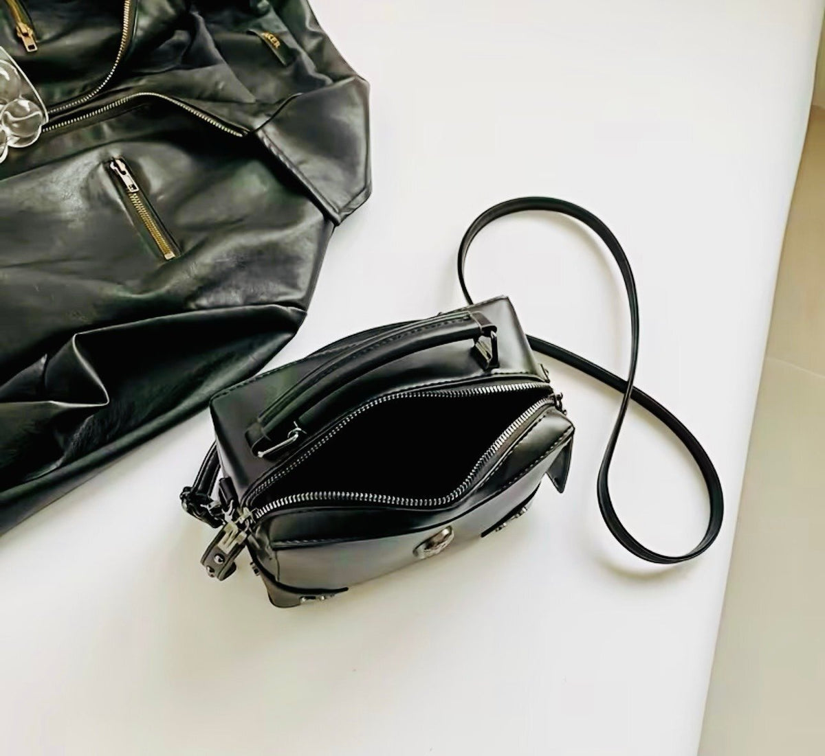 New -Vintage Inspired -Faux Leather Shoulder Bag w/Rivet & Cross Details -Black