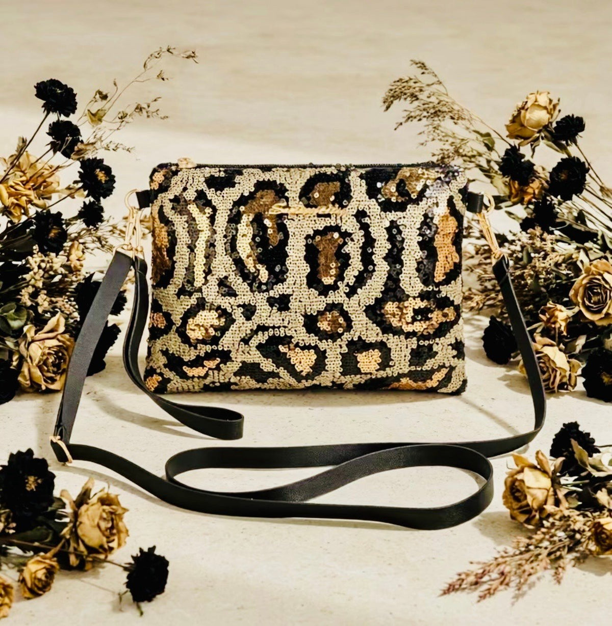 New -Gorgeous -Sequin Embellished Leopard Print Crossbody/Shoulder Bag