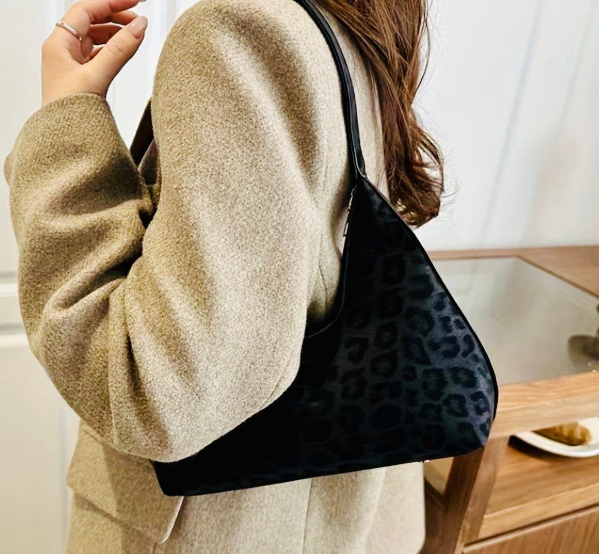 New -Chic -Vintage Inspired -Faux Suede Leopard Print Design Shoulder Bag -Black