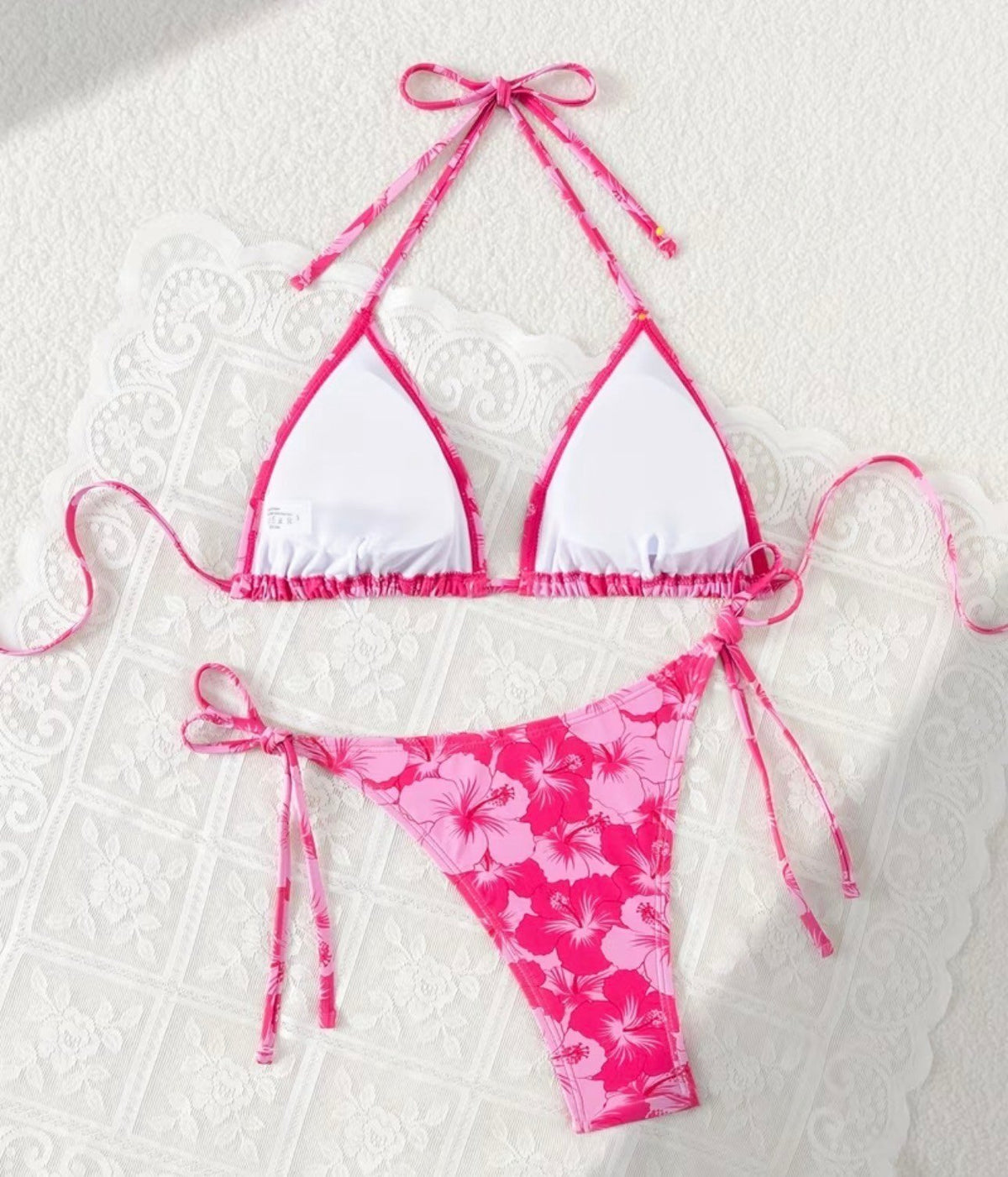 New -Retro Inspired -Floral Print Halter -Tie Back 2Pc Bikini Set -Pinks -Size L