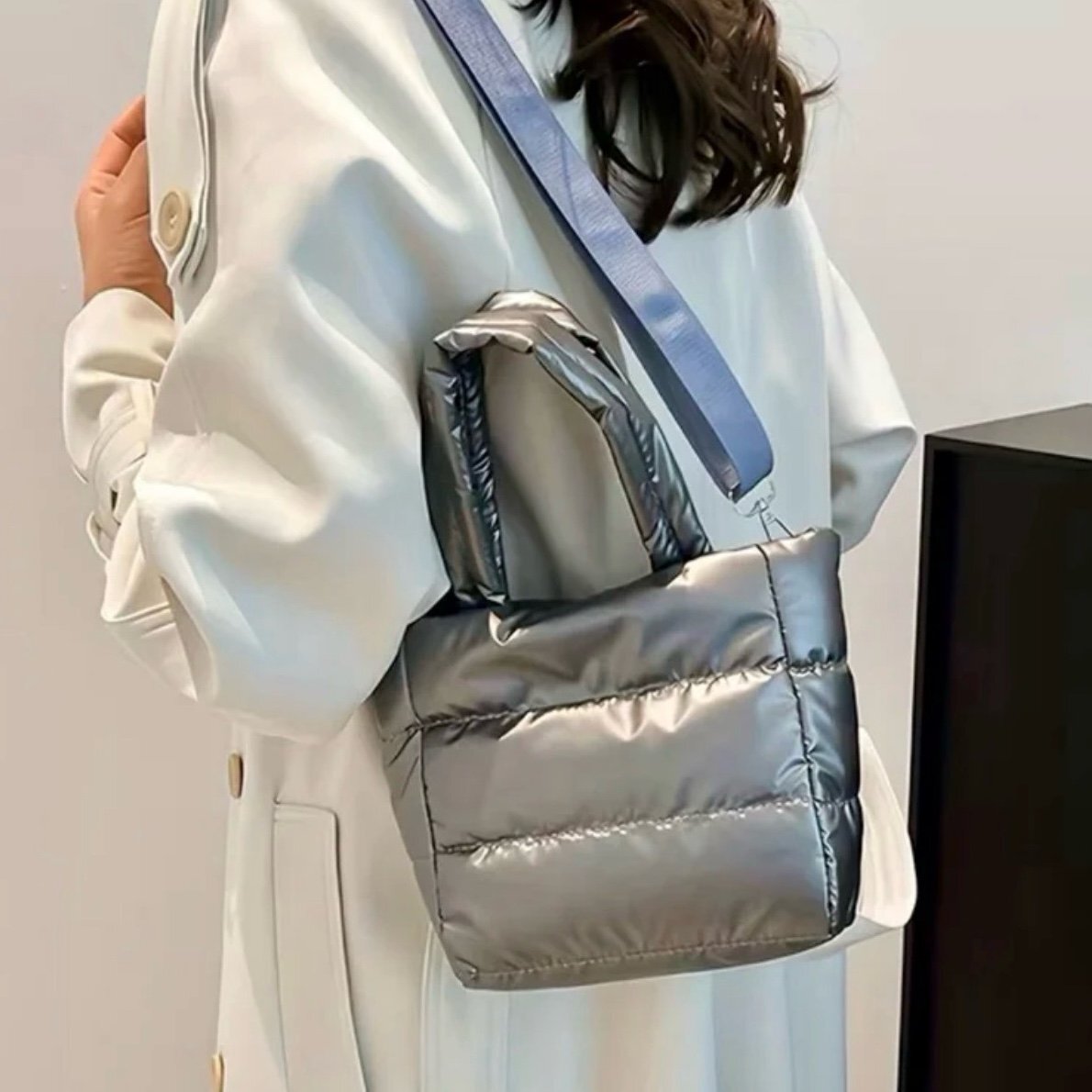 New -Adorable -Mini Quilted Puffer Tote Bag -Gray
