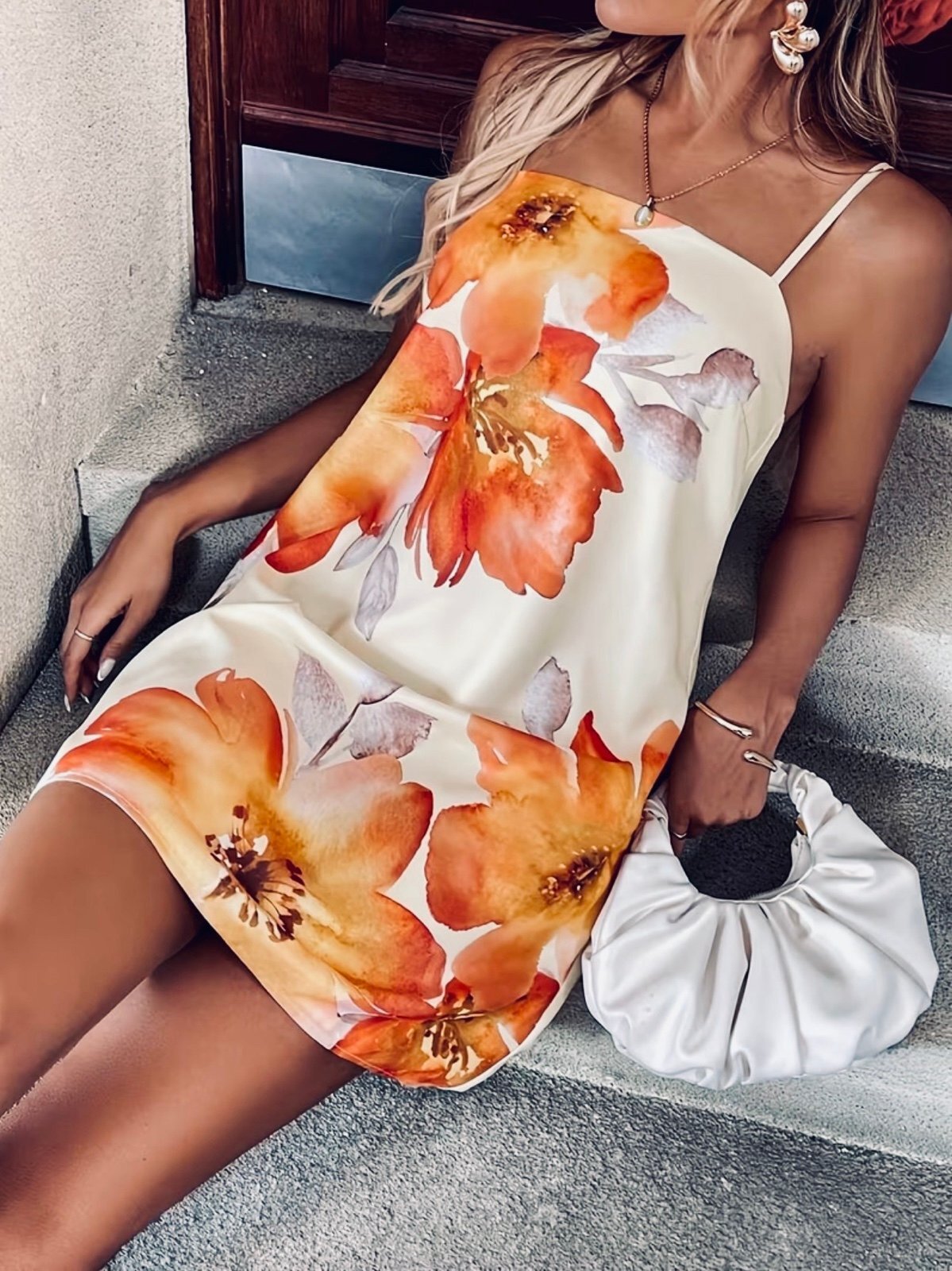 New -Boho Style -Floral Watercolor Suspender Spaghetti Strap Mini Dress -Size L