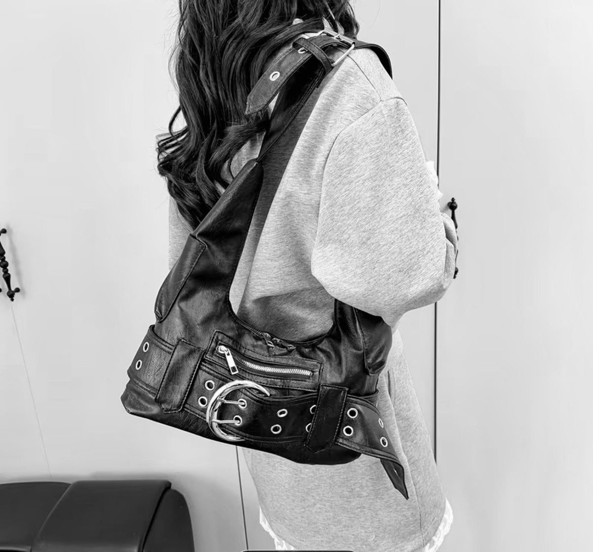 New -Sleek -Vintage Inspired -Moto Style -Faux Leather Shoulder Bag w/Big Buckle