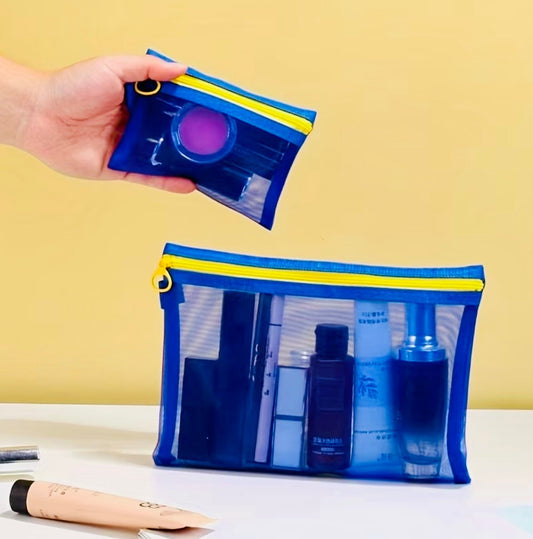 New -Chic -3Pcs Matching Mesh Cosmetic/Accessories Bags -Blue/Yellow