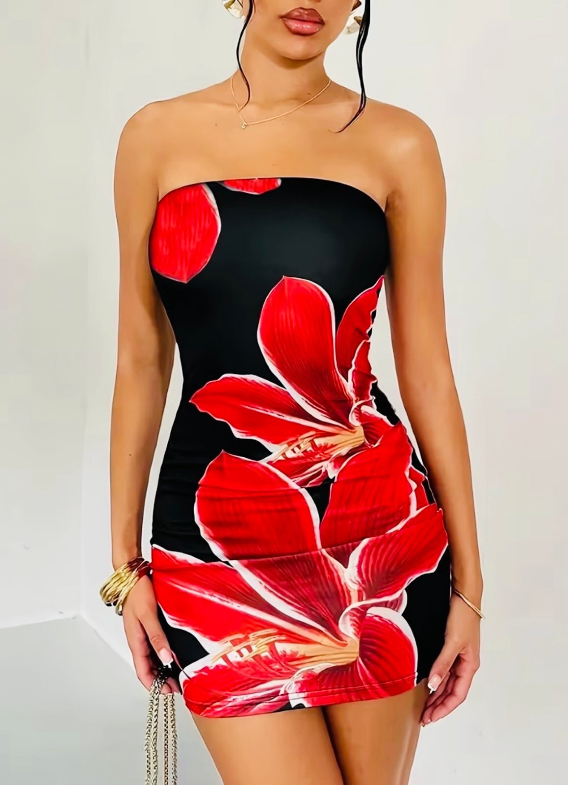 New -Gorgeous -Retro Inspired Floral Print Strapless Tube Dress -Size M