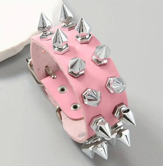 New - Fun ! - Pink Double Row Spike Design Faux Leather Studded Bracelet