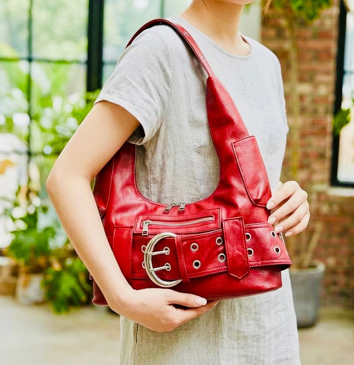 New -Sleek -Vintage Inspired -Moto Style -Faux Leather Shoulder Bag w/Big Buckle