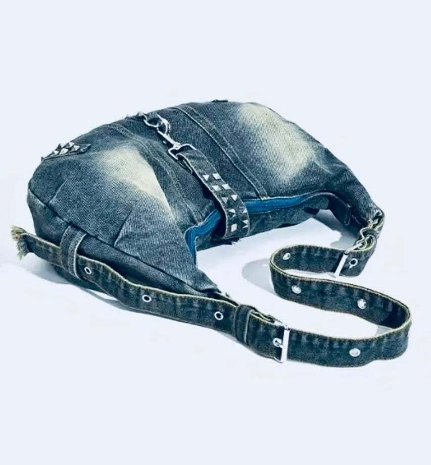 New -Chic -Vintage Style Distressed Denim Shoulder Bag w/Rivet Detail -Blue