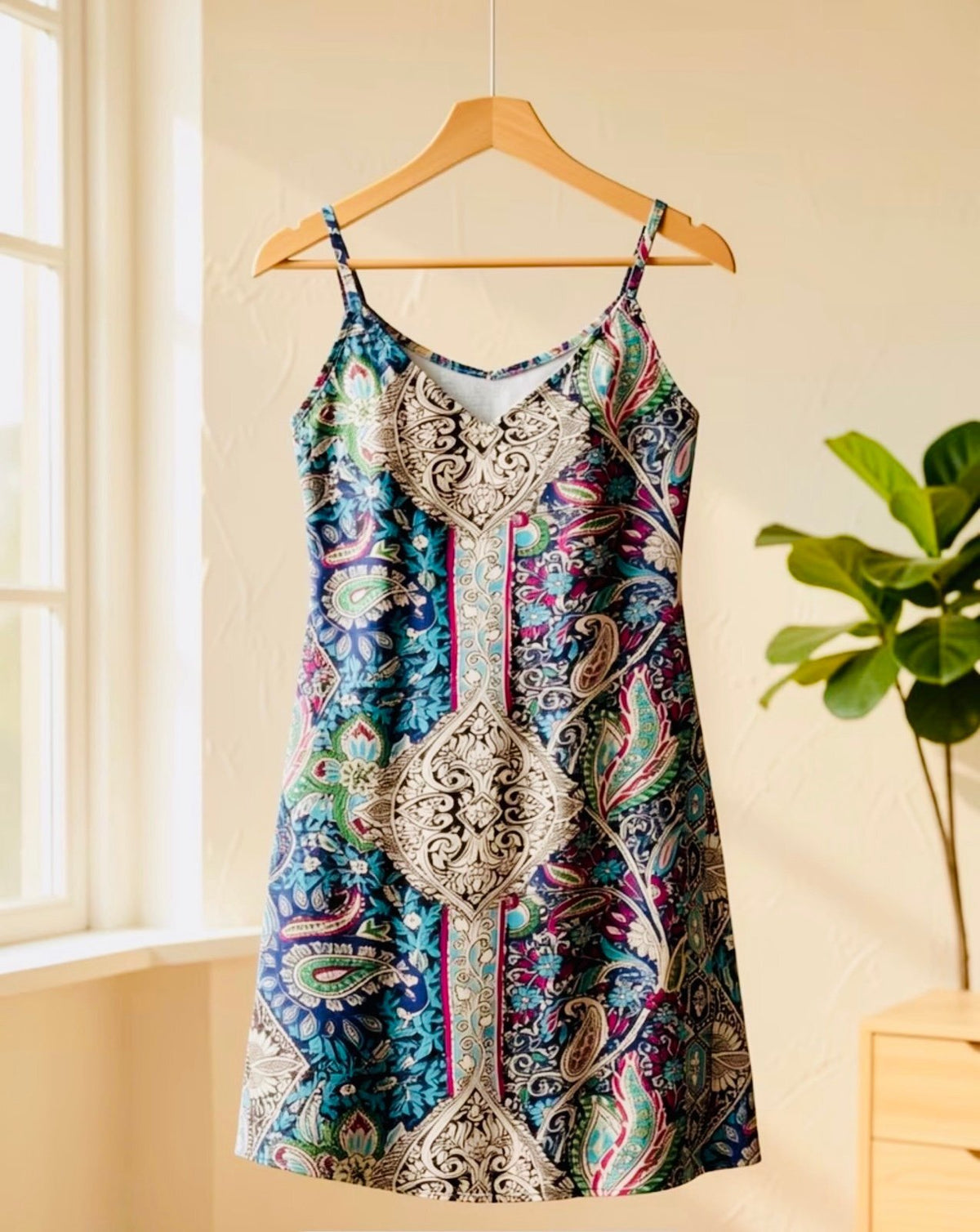 New -Chic -Boho Style -Unique Design Print -V-Neck Tank Dress -Size M