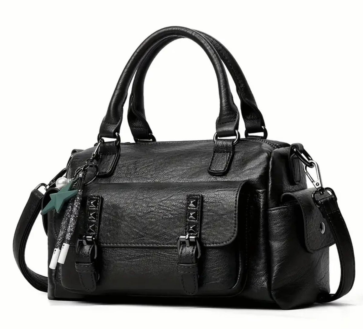 New - Chic - Vintage Inspired Faux Leather Satchel Style Shoulder Bag - Black