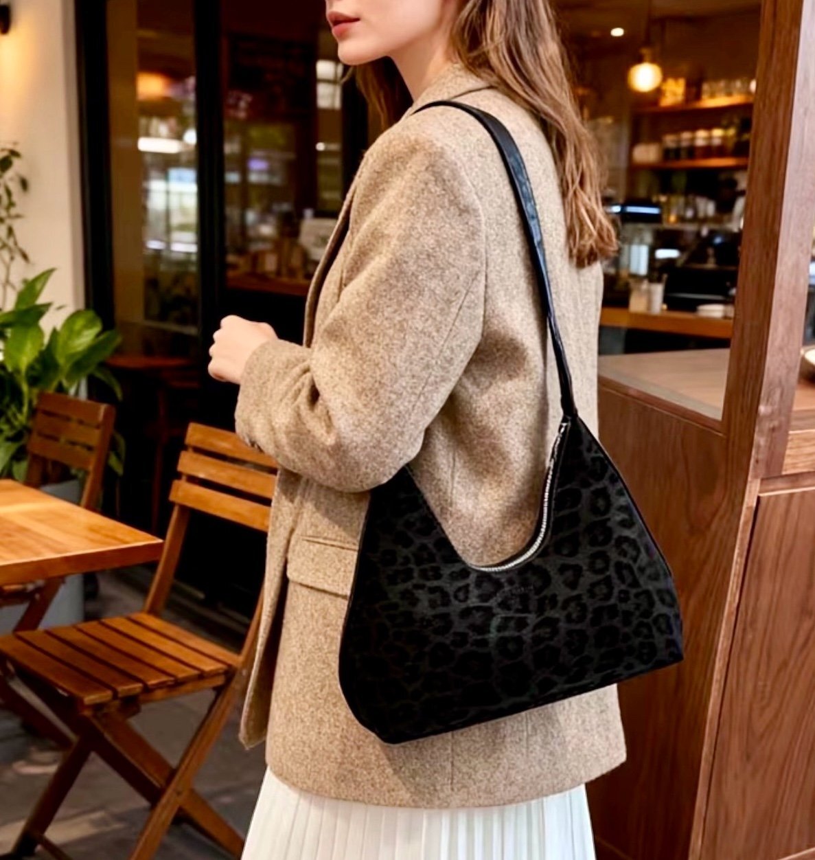 New -Chic -Vintage Inspired -Faux Suede Leopard Print Design Shoulder Bag -Black