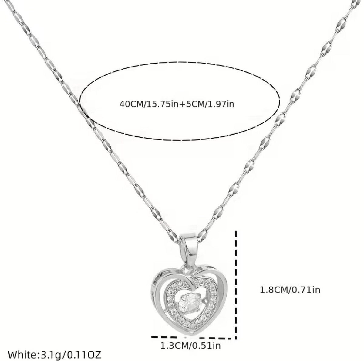 New -Beautiful -Stainless Steel -Double Layered Zirconia Heart Pendant Necklace