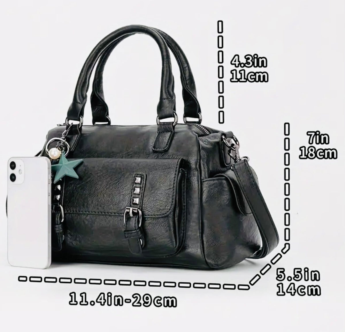 New - Chic - Vintage Inspired Faux Leather Satchel Style Shoulder Bag - Black