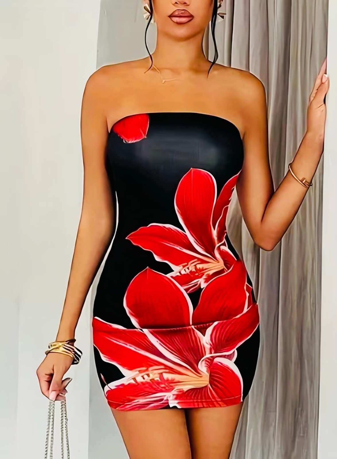 New -Gorgeous -Retro Inspired Floral Print Strapless Tube Dress -Size M