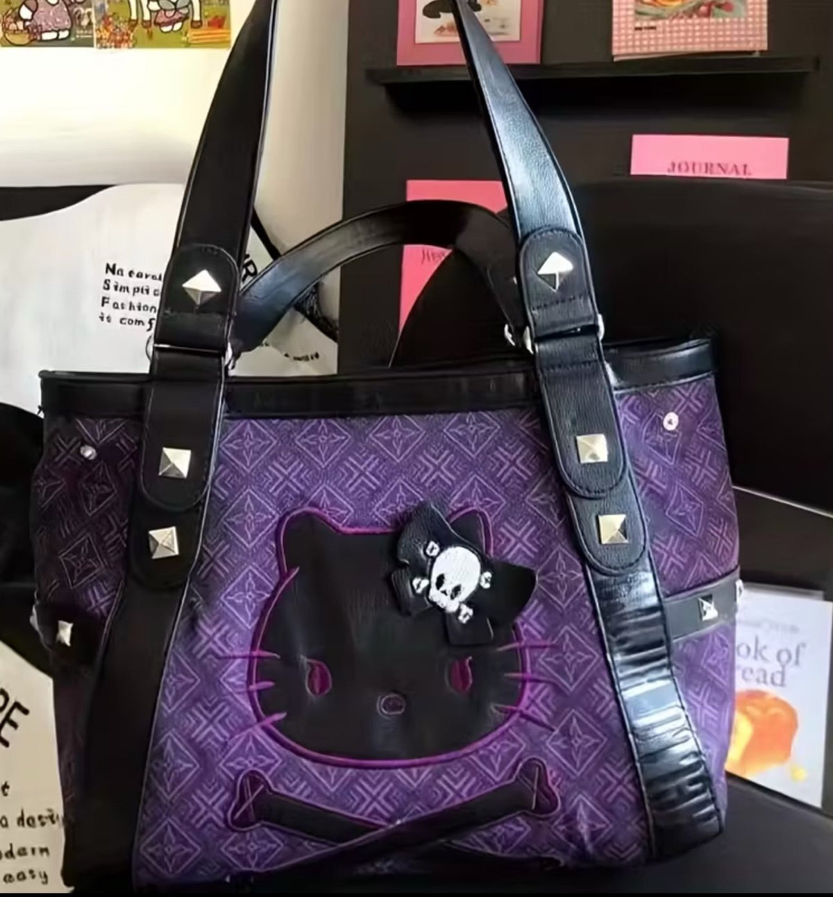 New - Vintage Style Hello Kitty Suede & Faux Leather Shoulder Bag/Tote -Blk/Prpl