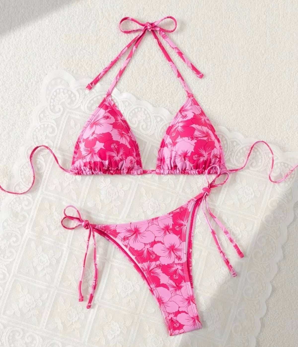 New -Retro Inspired -Floral Print Halter -Tie Back 2Pc Bikini Set -Pinks -Size L