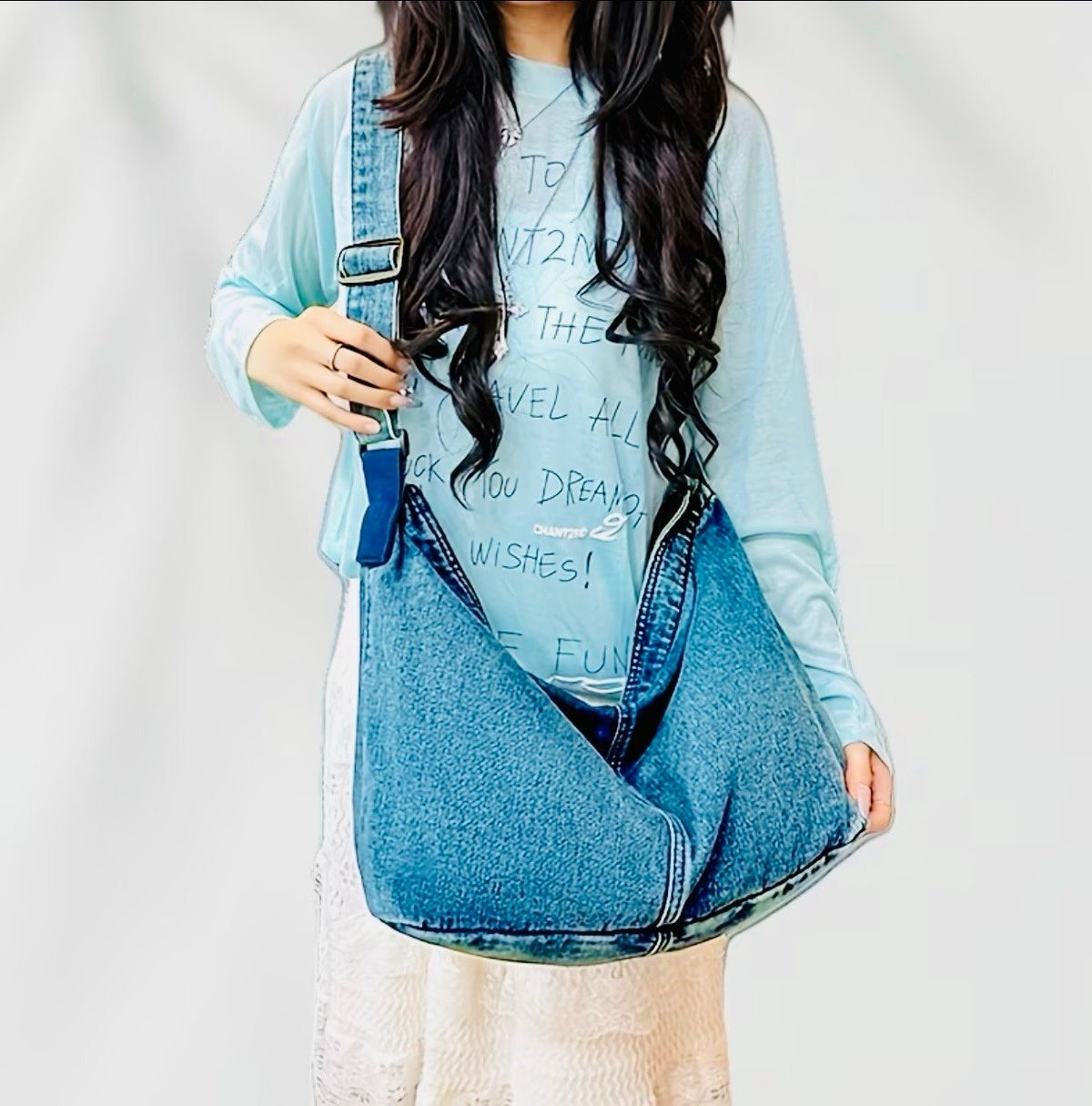 New -Vintage -Distressed -Large Capacity -Denim Tote/Shoulder Bag -Light Wash