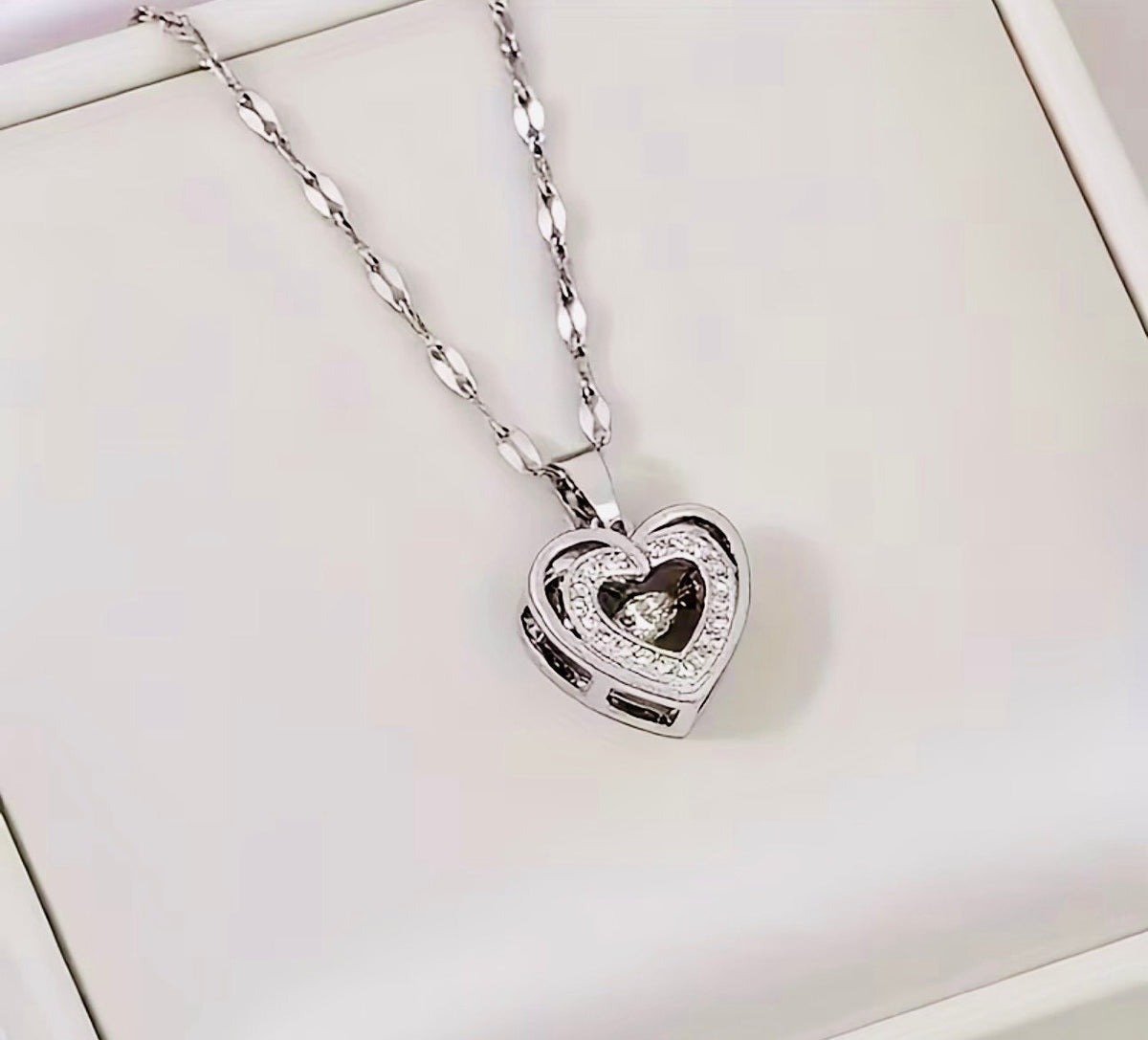 New -Beautiful -Stainless Steel -Double Layered Zirconia Heart Pendant Necklace