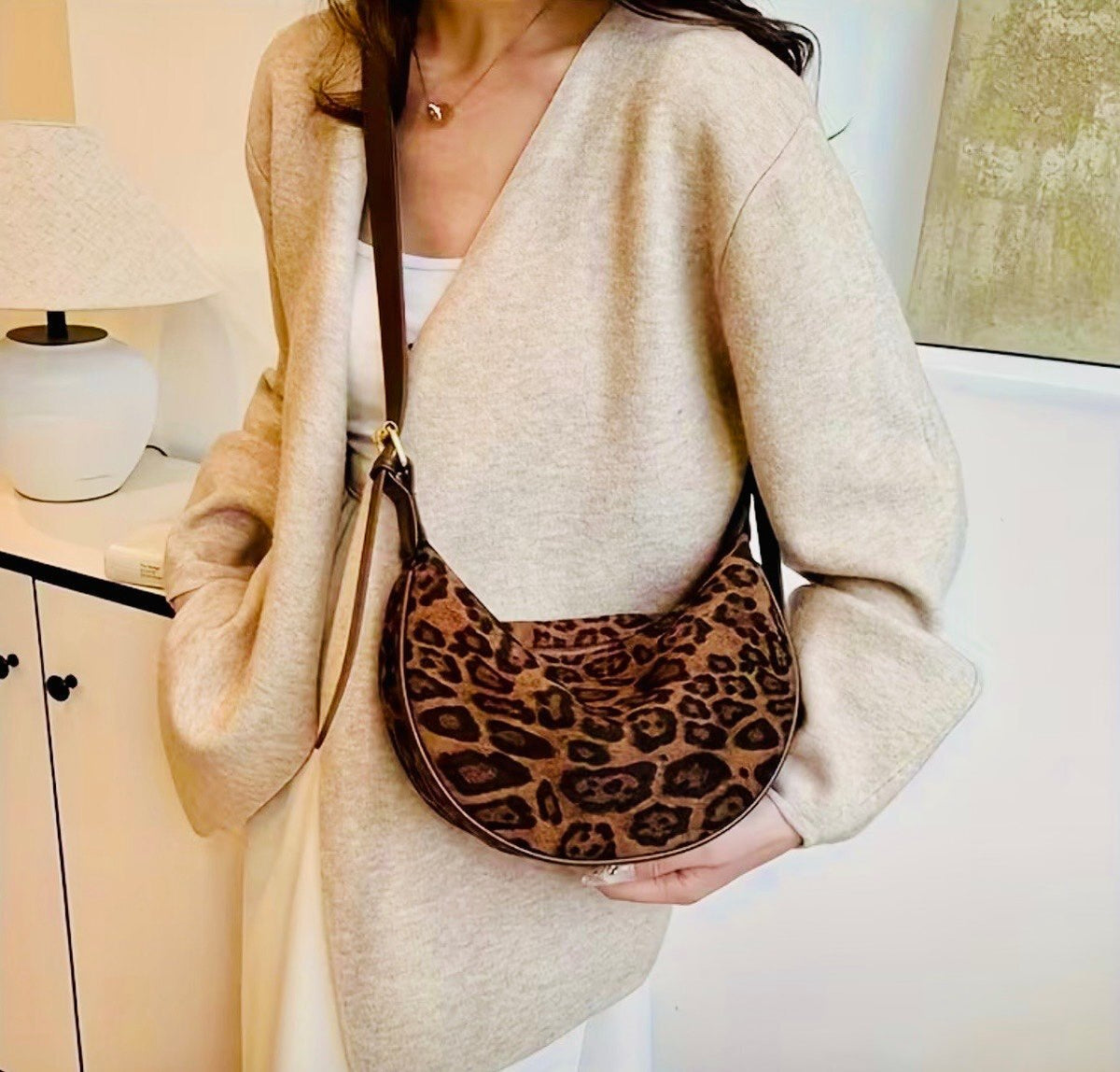 New -Sleek & Stylish -Faux Suede Leopard Print Crossbody /Shoulder Bag