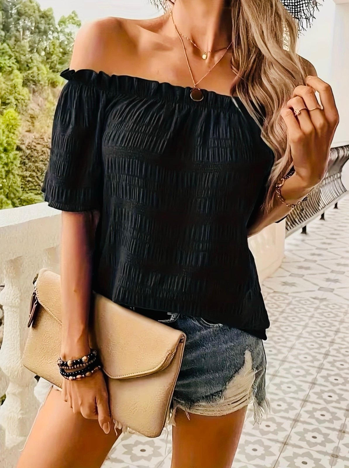New - Simple but Elegant -Off The Shoulders Short Sleeve Top -Black -Size M