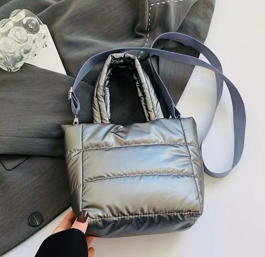 New -Adorable -Mini Quilted Puffer Tote Bag -Gray