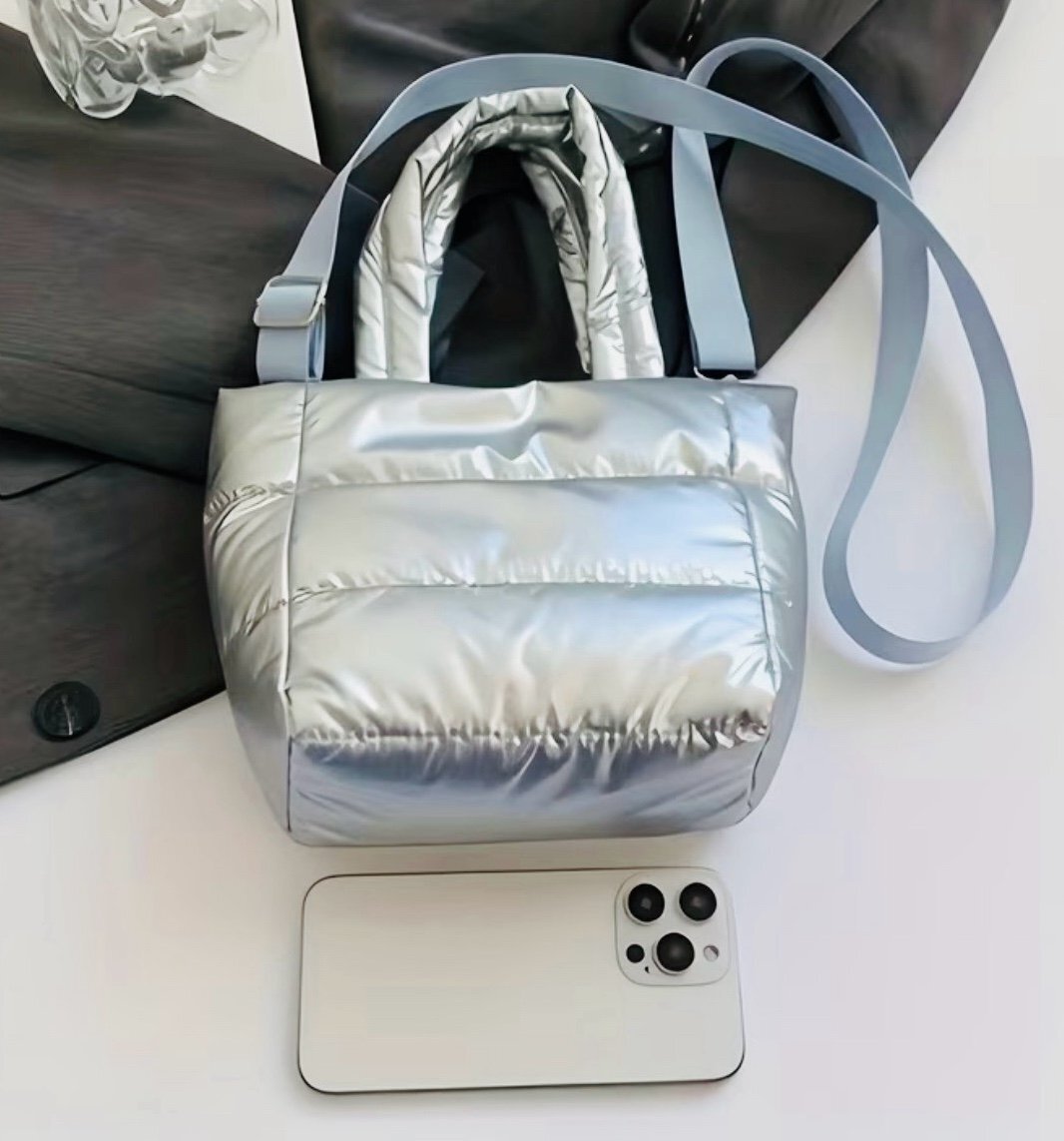 New -Adorable -Mini Quilted Puffer Tote Bag -Gray