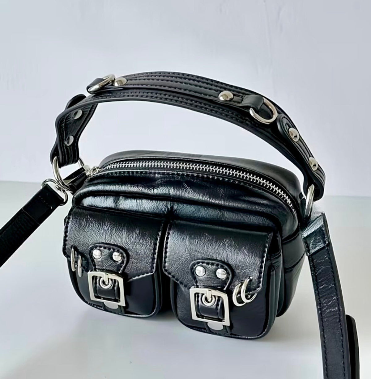 New -Chic -& a Lil Punk -Vintage Inspired Faux Leather Mini Bag -Black